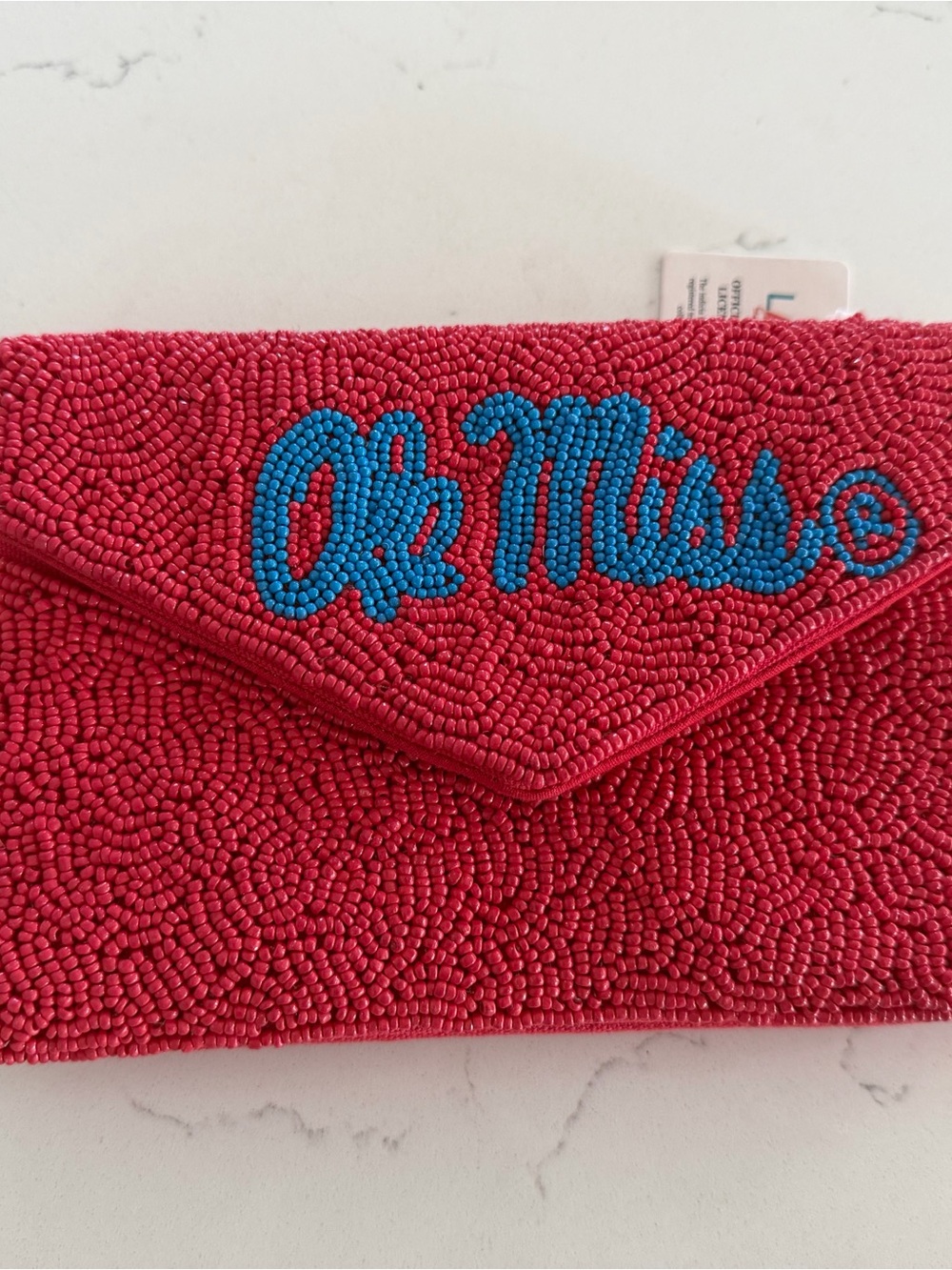 OLE MISS Red Beaded Envelope Clutch with Blue Script Accent